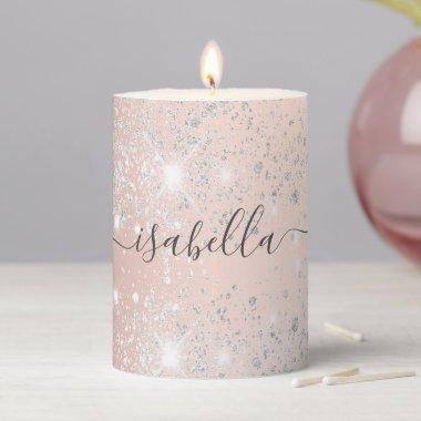 Rose gold silver glitter dust metal name script pillar candle