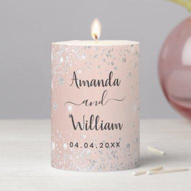 Rose gold silver glitter dust metal names wedding pillar candle