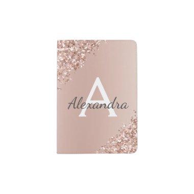 Rose Gold Sparkle Glitter Monogram Name Passport Holder