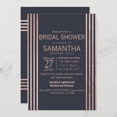 Rose Gold Stripes and Navy Blue Bridal Shower Invitations