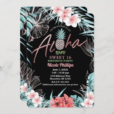 Rose Gold Tropical Pineapple Aloha Luau Sweet 16 Invitations