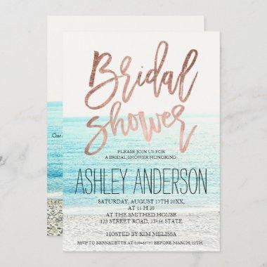 Rose gold typography beach photo bridal shower 2 Invitations