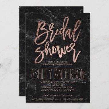 Rose gold typography black marble bridal shower Invitations