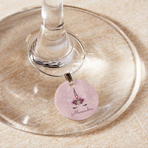 Rose Gold Unicorn Sparkle Princess Monogram Name Wine Charm