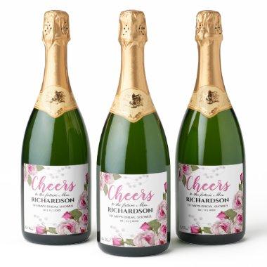 Rose Lily Pearl Pink Wedding Sparkling Wine Label