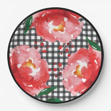 Rose on Black and White Gingham Paper Plates