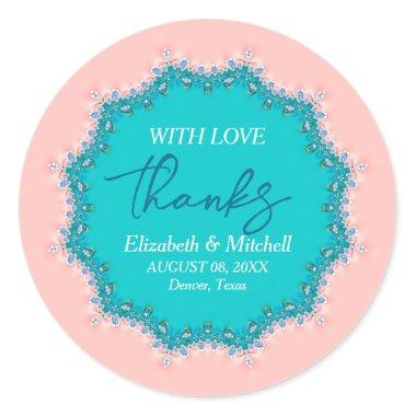 Rose Pink + Aqua Teal Fractal Lace Thanks Classic Round Sticker