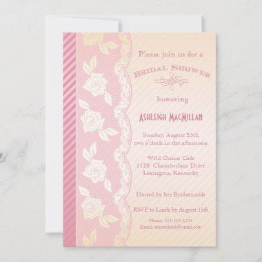 Rose Pink, Ivory Floral Lace Bridal Shower Invite