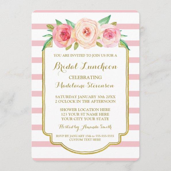 Rose Stripes Gold Pink Floral Bridal Lunch Invitations