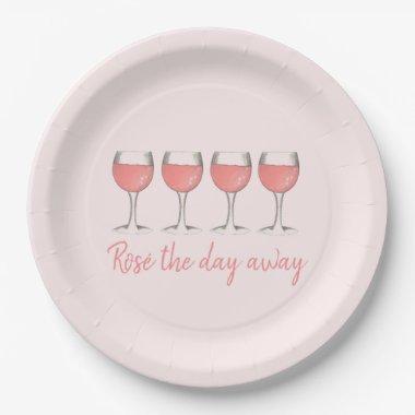 Rosé The Day Away Pink Rose Glass Wine Lover Paper Plates