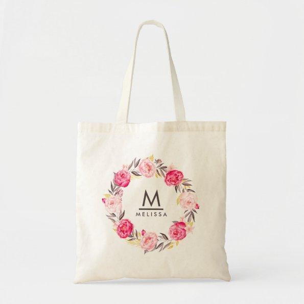 Rose Watercolor Monogram Floral Stylish Modern Tote Bag