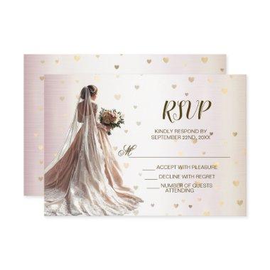 Rose Winter Wedding Bride Golden Shiny Hearts RSVP Card