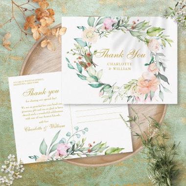 Roses Floral Garland Gold Script Thank You PostInvitations