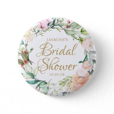 Roses Floral Gold Script Wedding Bridal Shower Button