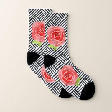 Roses on Black and White Stripes Socks