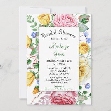 Roses Pink Yellow Floral Bridal Shower Invitations