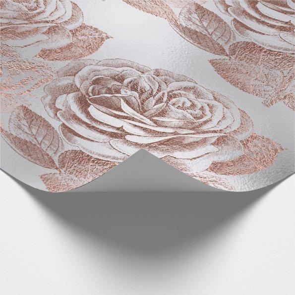 Roses Rose Gold Pastel Metallic Floral Silver Gray Wrapping Paper