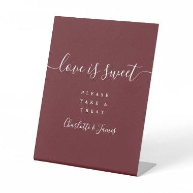 Rosewood Pink Elegant Script Love Is Sweet Favor Pedestal Sign