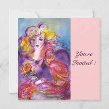 ROSINA / LADY WITH ROSE AND PARROT Pink Blue Invitations