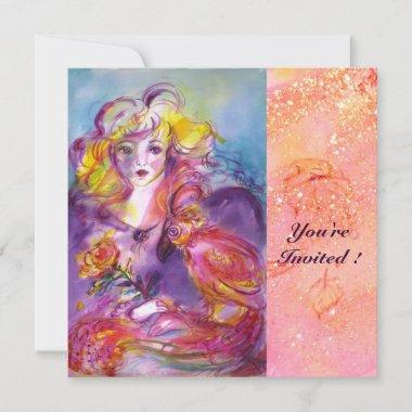 ROSINA / LADY WITH ROSE AND PARROT Pink Sparkles Invitations
