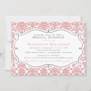 Rosy Brown Damask Pattern Bridal Shower Invitations