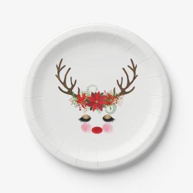 Rosy Cheeks Gold Eyes Floral Reindeer Holiday Paper Plates