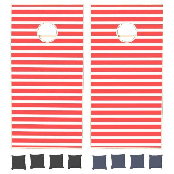 Rosy Red and White Simple Horizontal Striped Cornhole Set