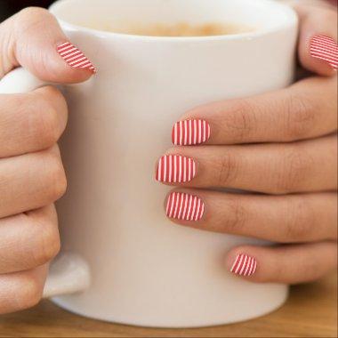 Rosy Red and White Simple Horizontal Striped Minx Nail Art