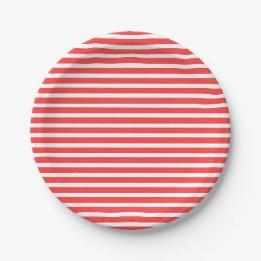 Rosy Red and White Simple Horizontal Striped Paper Plates