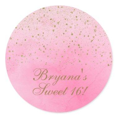 Rosy Rose Pink & Gold Glitter Bridal Shower Party Classic Round Sticker