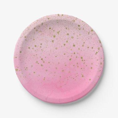 Rosy Rose Pink & Gold Glitter Bridal Shower Party Paper Plates