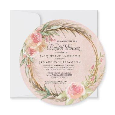 Round BOHO Floral Pampas Pink Watercolor Wreath Invitations