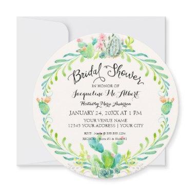 Round Bridal Desert Cacti Watercolor Rustic Modern Invitations