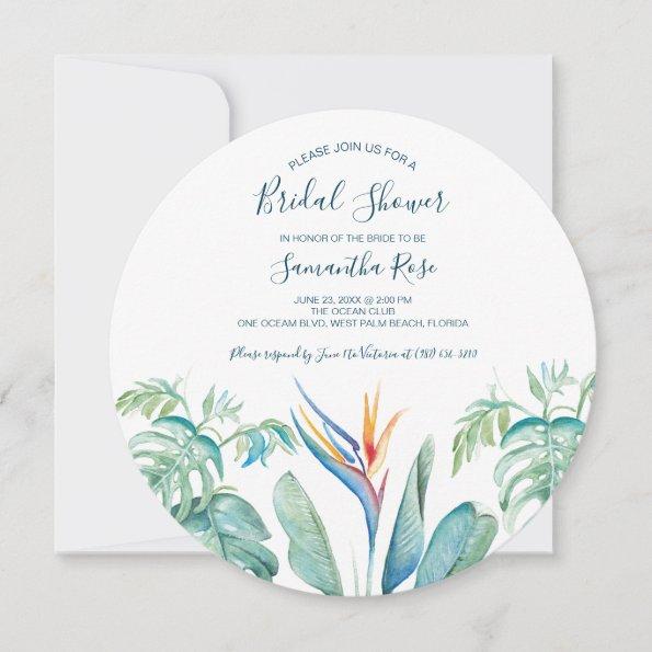Round Tropical Watercolor Botanical Bridal Shower Save The Date