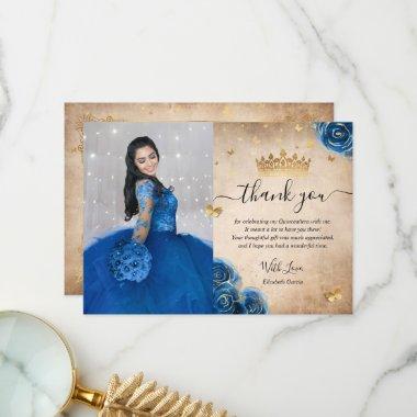 Royal Blue and Gold Quinceañera Photo Birthday Thank You Invitations
