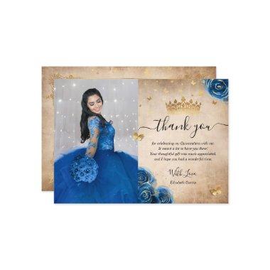 Royal Blue and Gold Quinceañera Photo Birthday Thank You Invitations