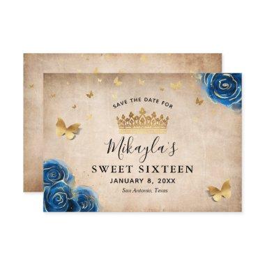 Royal Blue and Gold Rose Parchment Elegant Save The Date