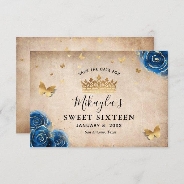 Royal Blue and Gold Rose Parchment Elegant Save The Date