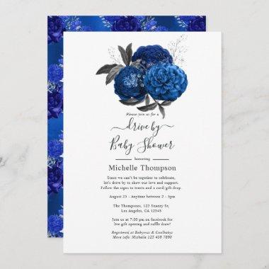Royal Blue and Silver Floral Drive By Shower Invitations