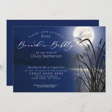 Royal Blue Brunch Bubbly Full Moon Dragonfly Invitations