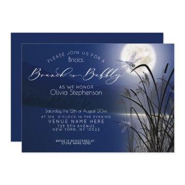 Royal Blue Brunch Bubbly Full Moon Dragonfly Invitations