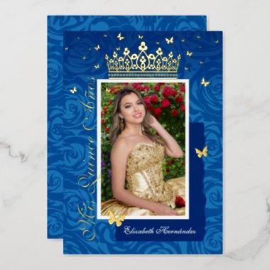 Royal Blue Elegant Photo Quinceañera Gold Foil Invitations