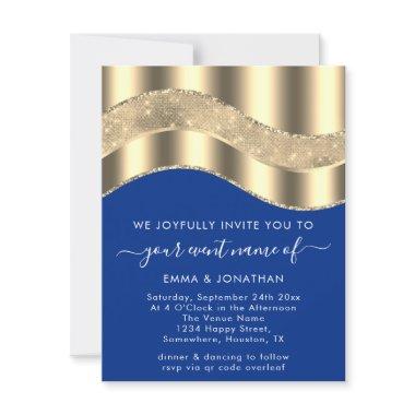 Royal Blue Faux Gold Border Wave QR Code Wedding