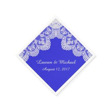 Royal Blue Faux White Lace Border Wedding Paper Napkins