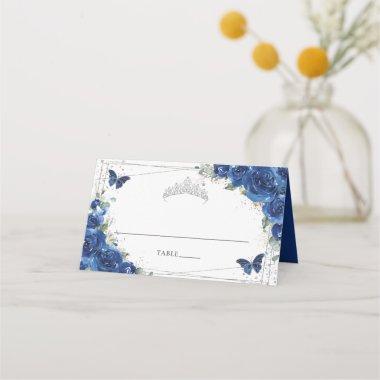 Royal Blue Floral Butterflies Quinceañera Birthday Place Invitations