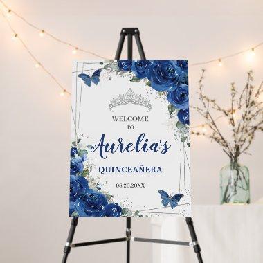 Royal Blue Floral Butterflies Quinceañera Welcome Foam Board