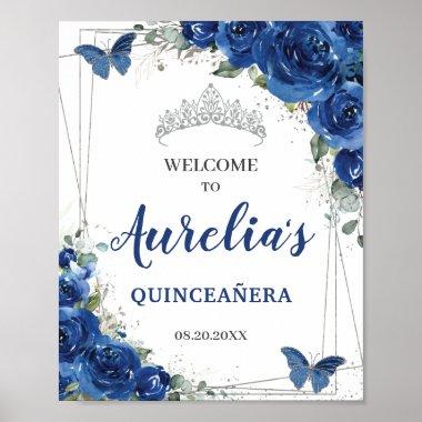 Royal Blue Floral Butterflies Quinceañera Welcome Poster