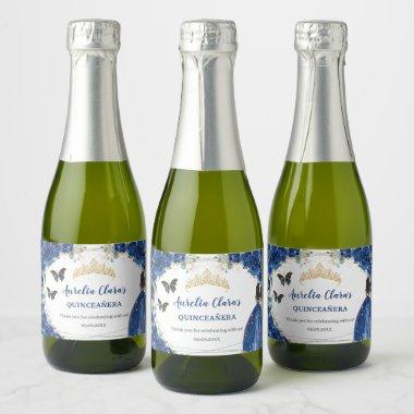 Royal Blue Floral Gold Quinceañera Birthday Sparkling Wine Label