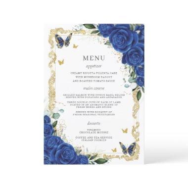 Royal Blue Floral Vintage Gold Quinceanera Menu