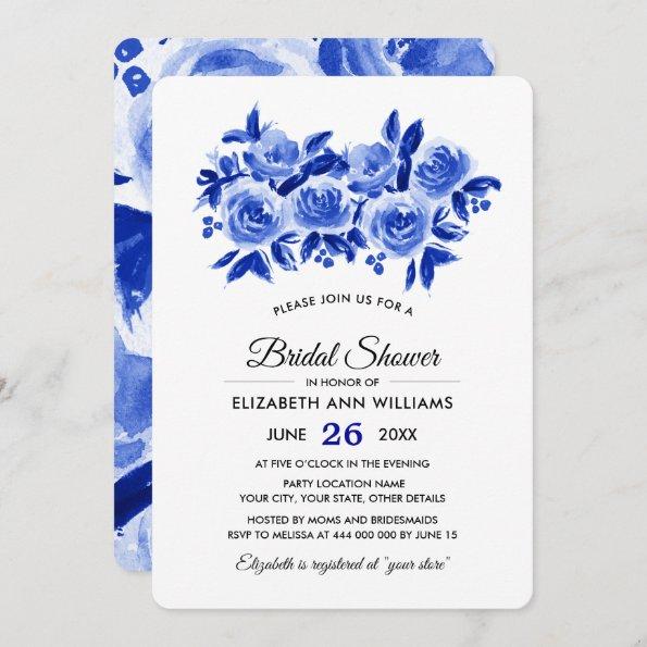 Royal Blue Floral Watercolor Bridal Shower Invitations